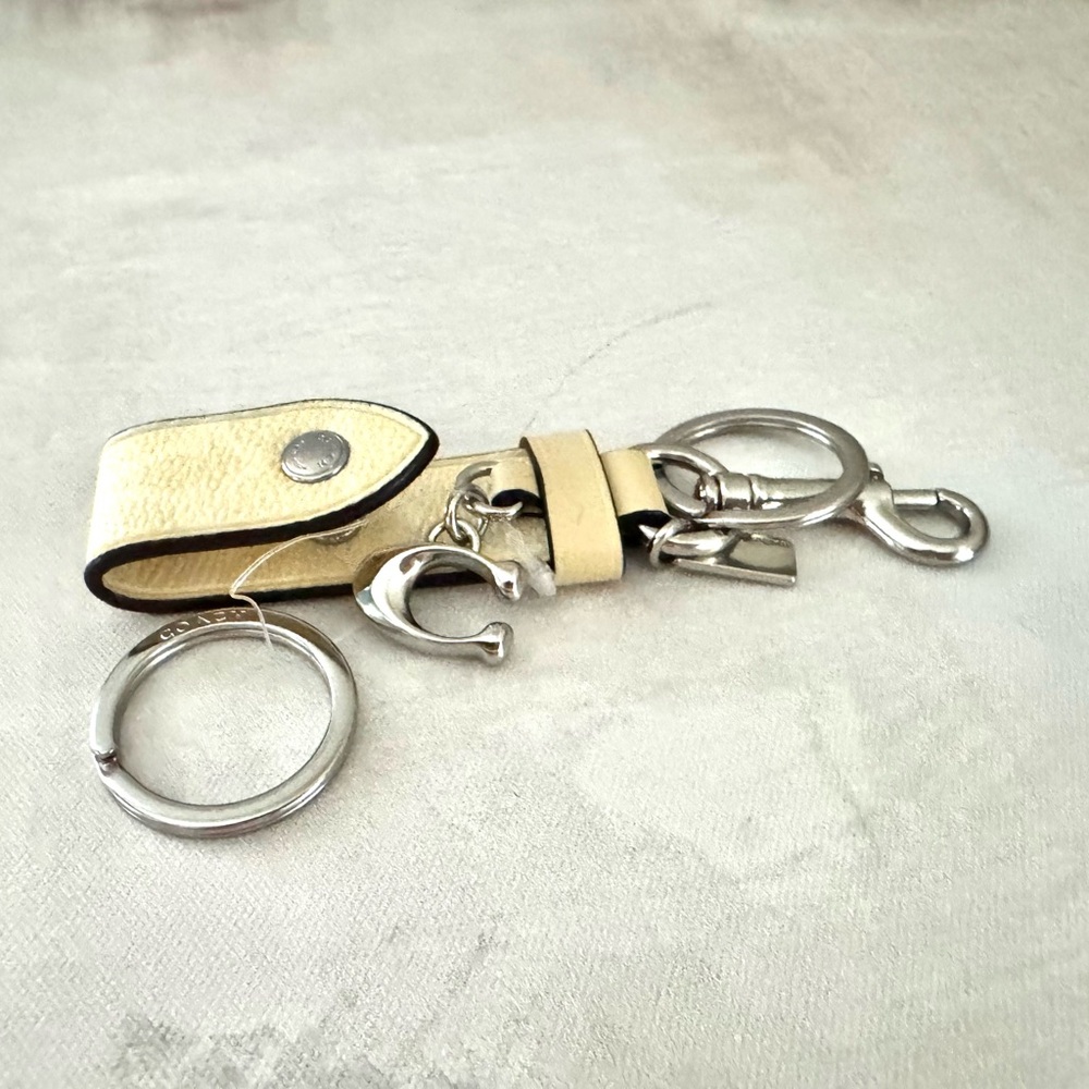 Coach Cream and Silver Key & Card Holder with Leather Strap